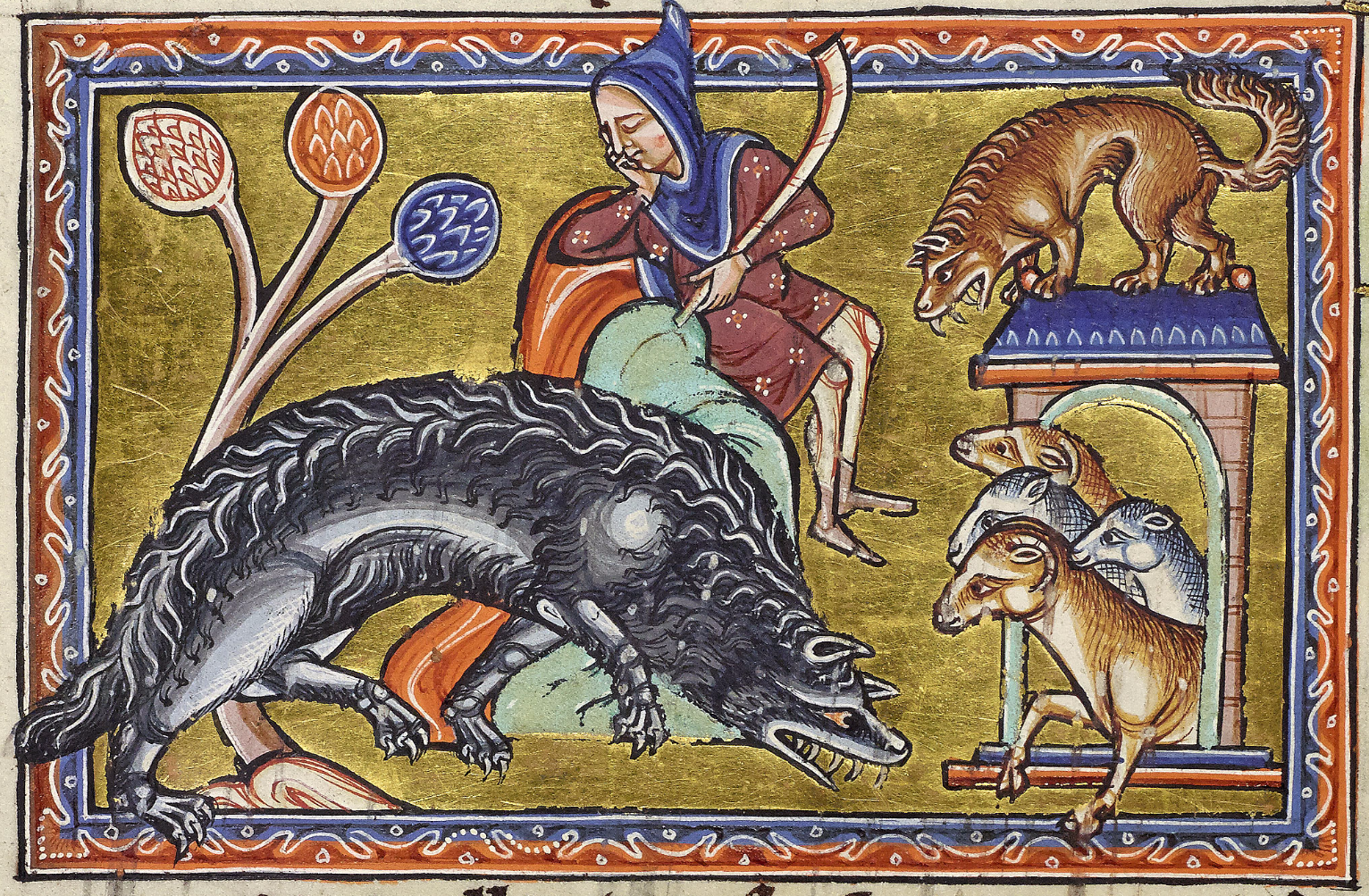 Medieval illumination of a man with a club looking down at a black wolf, with a dog and horses to the side