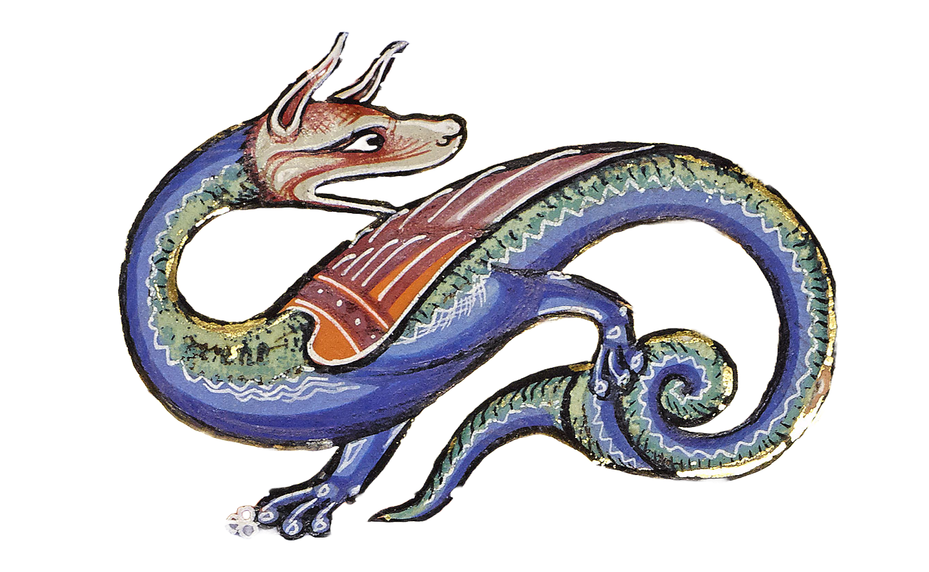 Medieval illumination of a multicolored winged dragon
