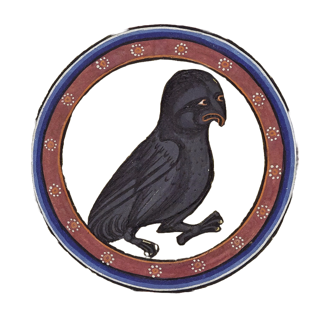 Medieval illumination of a black bird inside a floral circle