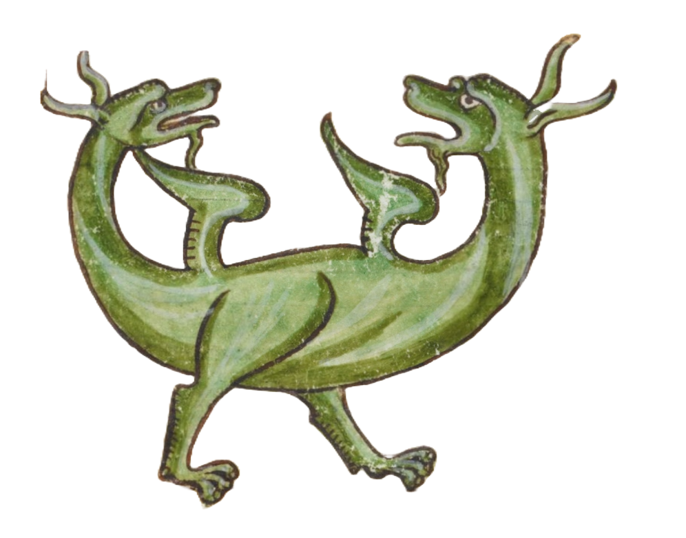 Medieval illumination of a green dragon with a head on either end of its body