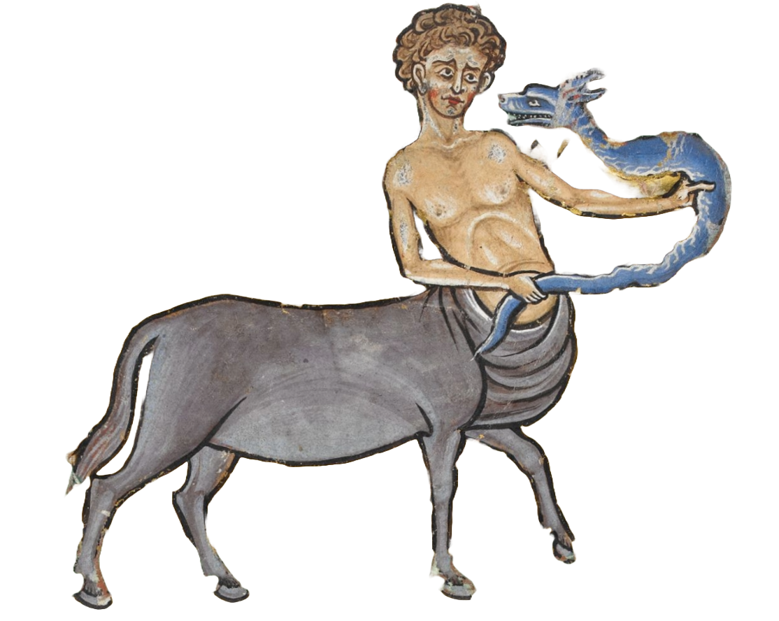 Medieval illumination of a centaur grasping a blue horned snake.