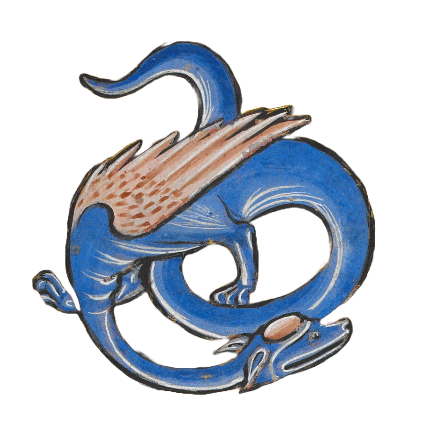 Medieval illumination of a blue winged dragon