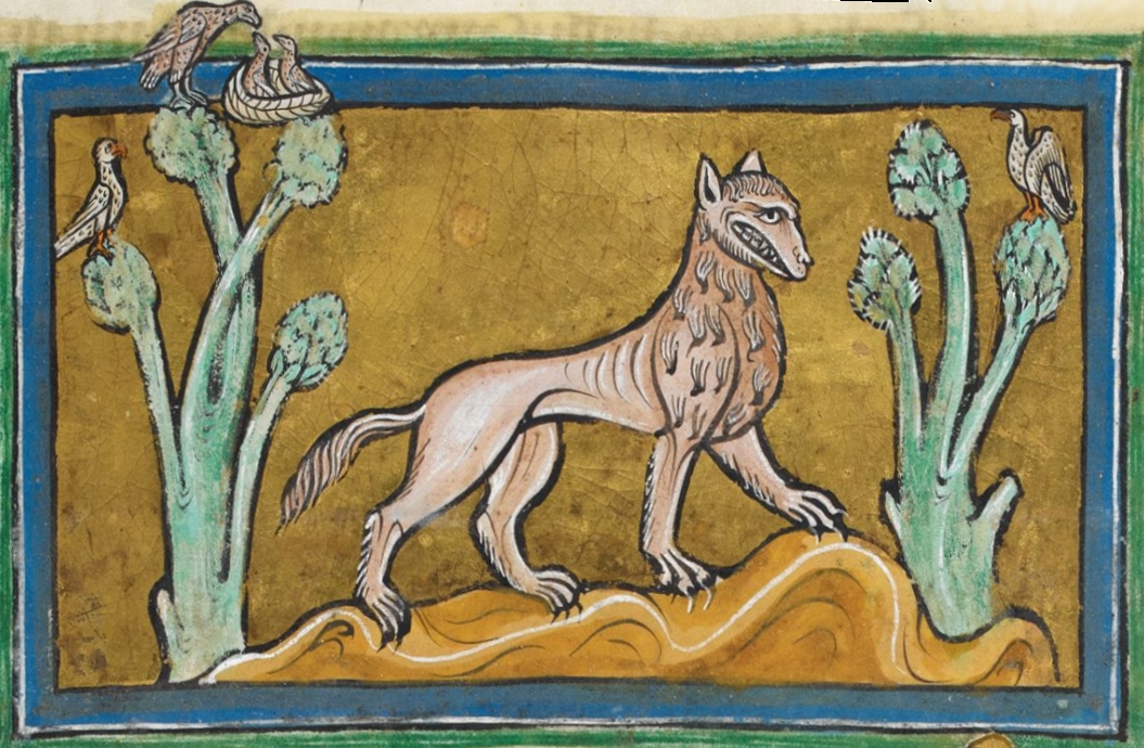 Medieval illumination of a lion standing between two trees with birds in their branches