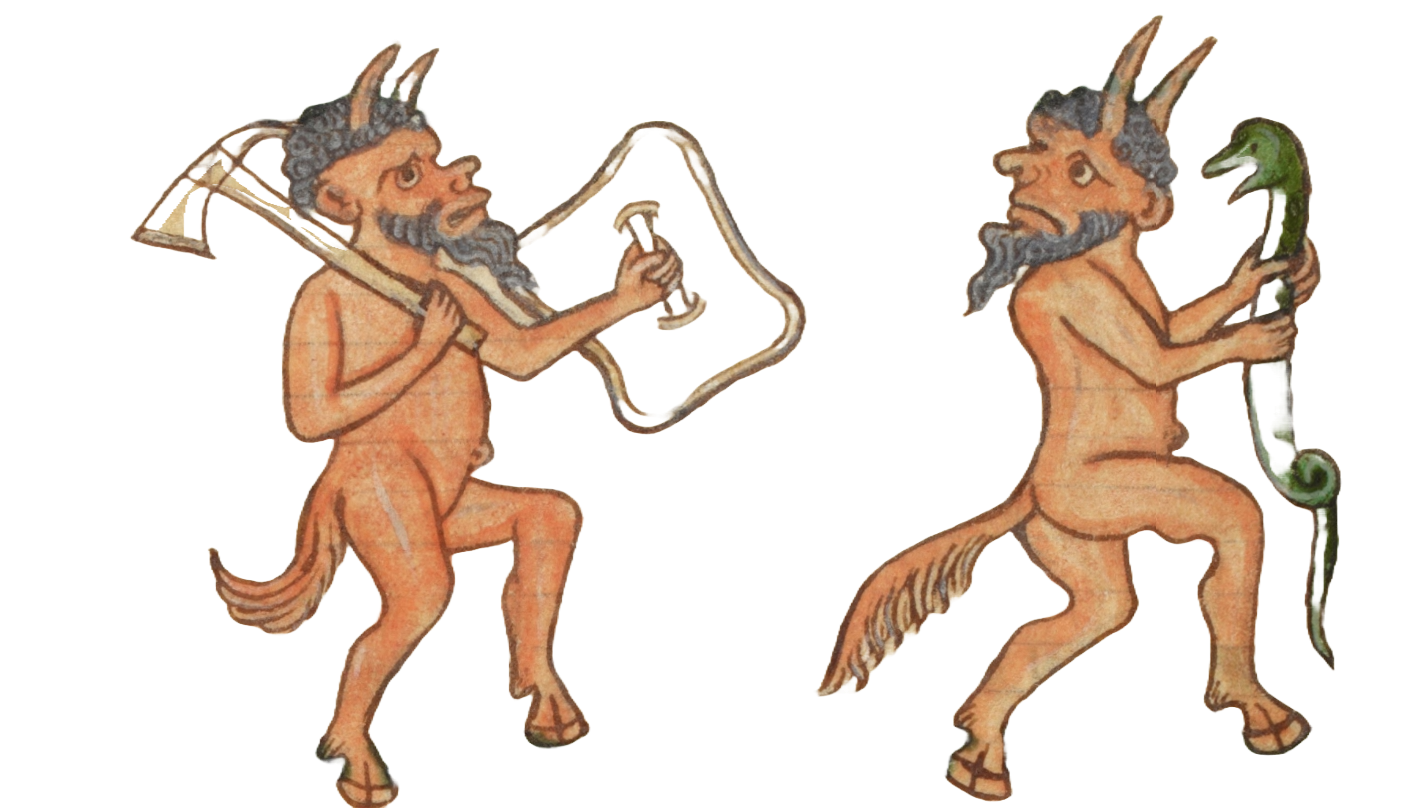 Medieval illumination of two naked satyrs with gray curling beards. The one on the left holds a shield and axe. The one on the right grasps a green snake.