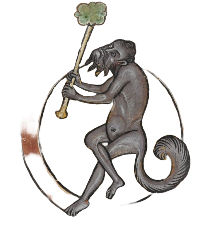 Medieval illumination of a gray-skinned satyr holding a branch or club