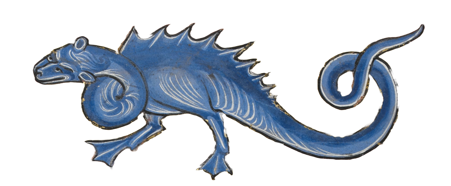 Medieval illumination of a blue dragon with a ridge of spines or fins on its back