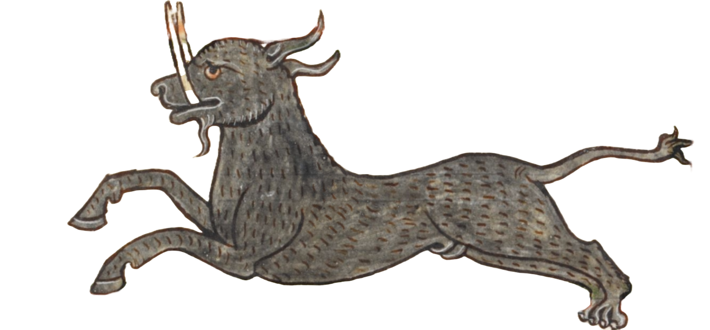 Medieval illumination of a gray leaping boar or similar animal with long tusks