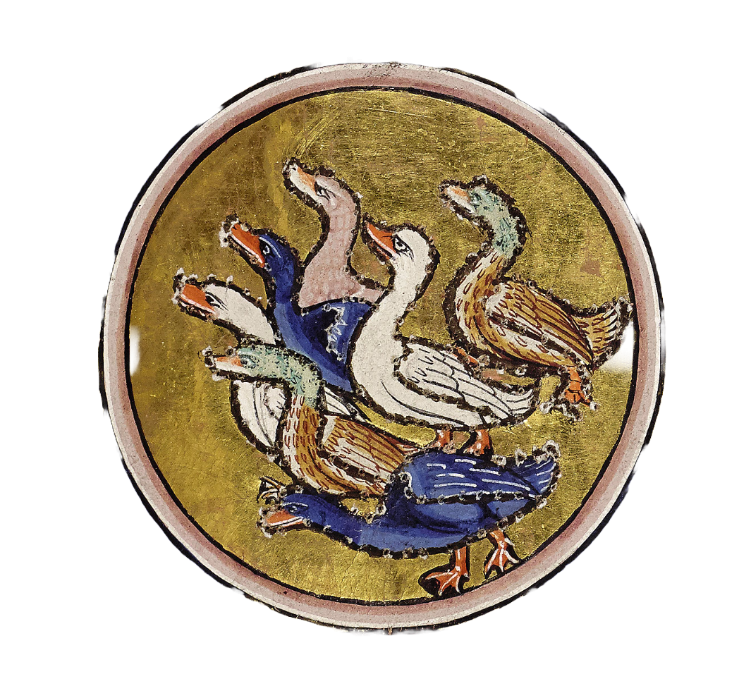 Medieval illumination of a gaggle of seven ducks inside a decorative circle
