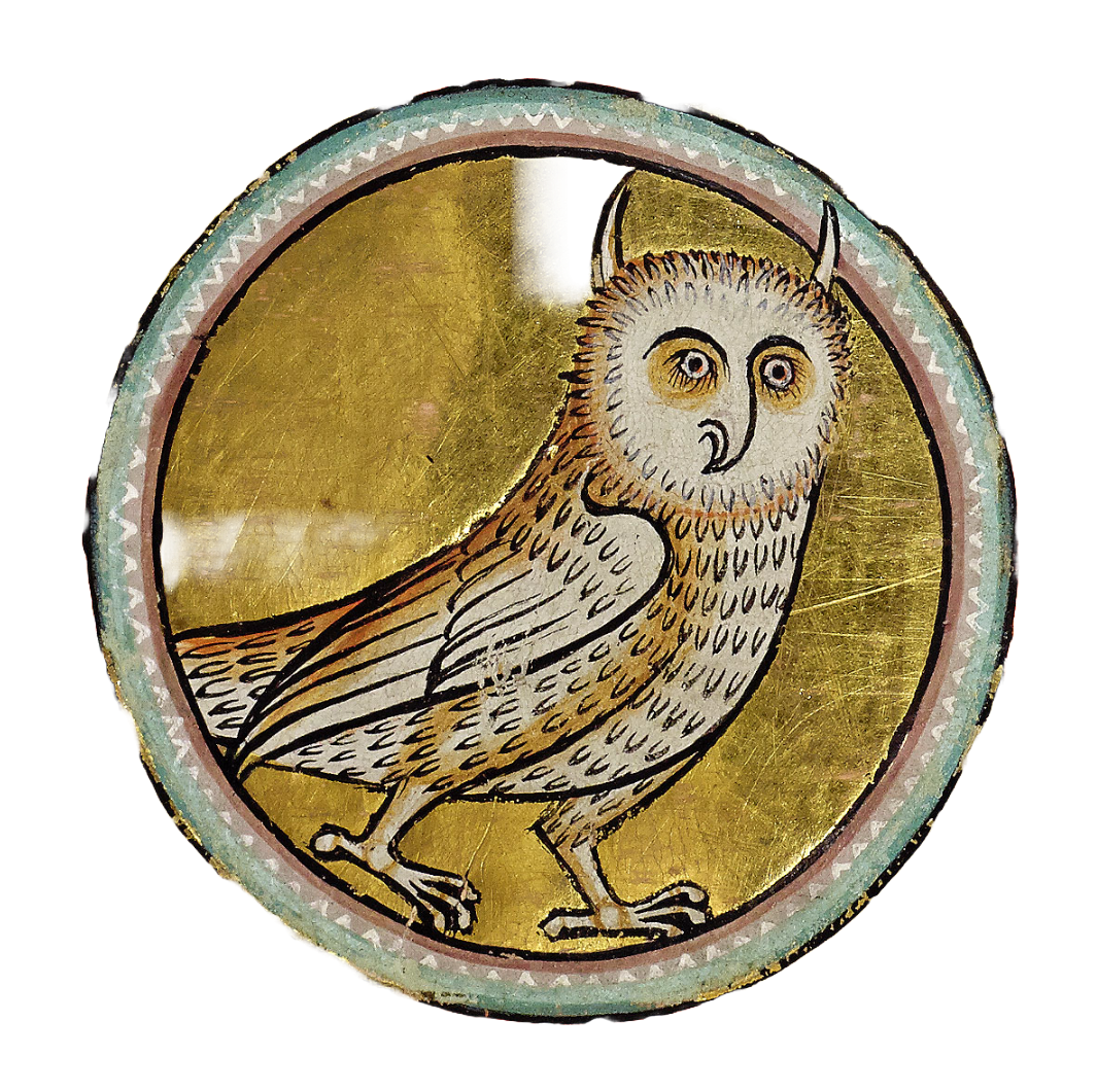 Medieval illumination of an owl inside a decorative circle