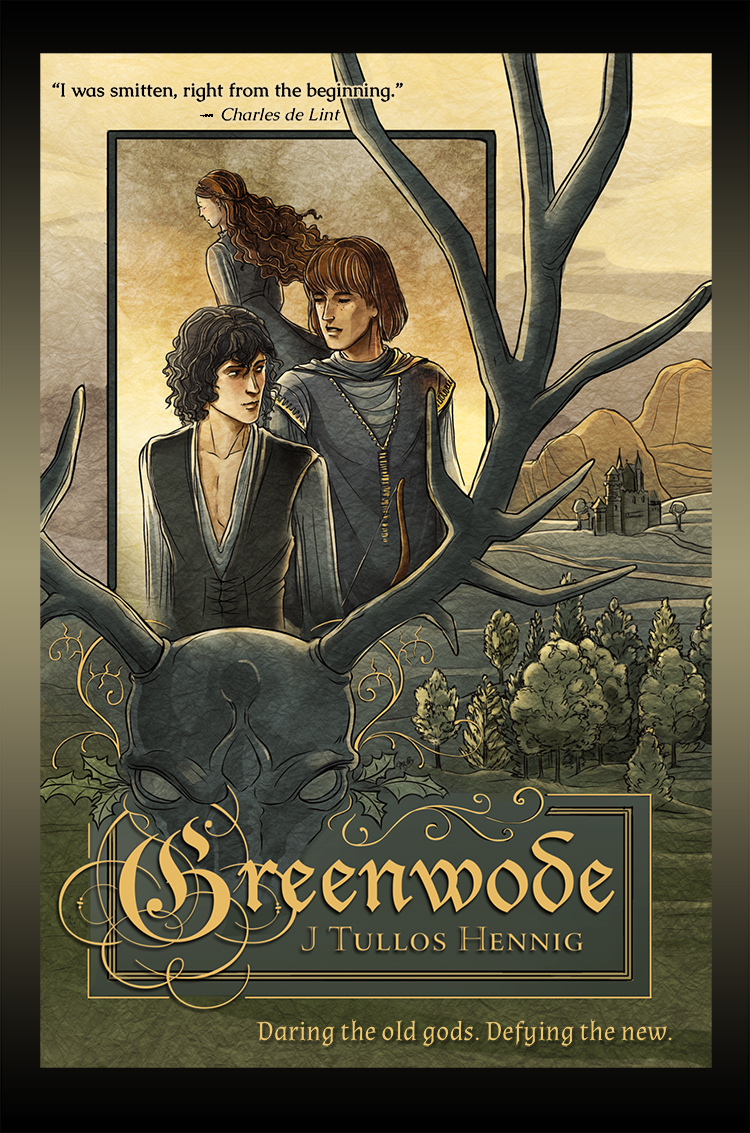 Book cover of 'Greenwode', showing the figures of two men and a woman framed by the antlers of a deer skull