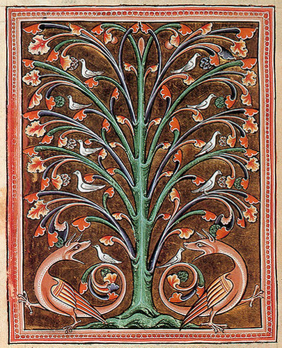 Medieval illumination of a large tree with two red dragons at the base