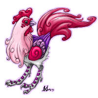 A garishly pink and purple rooster