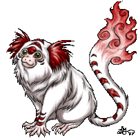 A white and red monkey-like creature with a flaming tail