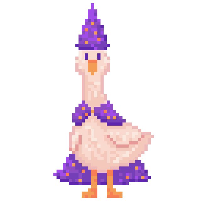A goose wearing a purple wizard cloak and hat